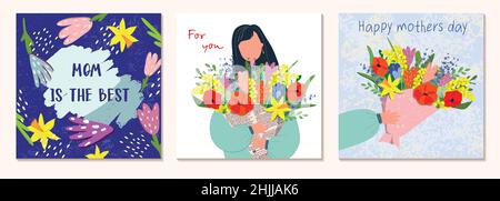Fête des mères.Illustrations vectorielles aquarelle de maman, femme, fleurs, coeurs, motifs et texte.Bouquet de printemps.Cartes à ressort carrées.Mises en plan pour une pos Illustration de Vecteur