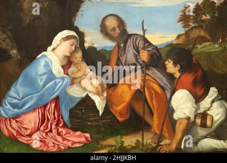 La Sainte famille avec un berger du peintre italien de la Renaissance Titien à la National Gallery, Londres, Royaume-Uni Banque D'Images