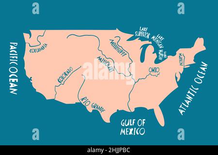 Carte vectorielle stylisée des États-Unis d'Amérique avec rivières.Illustration de voyage de la forme USA.Élément de carte pour l'Amérique du Nord Illustration de Vecteur