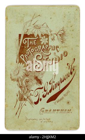 Inverse de l'original victorien cabinet studio portrait studio photographie du Royaume-Uni avec charmante illustration de fleurs de jardin et d'une abeille, F.G.Simpson & Co. 17 Wharf Road, Grantham, Lincolnshire, Royaume-Uni vers 1888. Banque D'Images