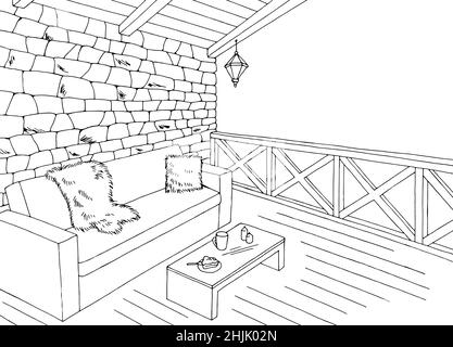 Dessin d'intérieur graphique de balcon noir blanc, illustration vectorielle Illustration de Vecteur