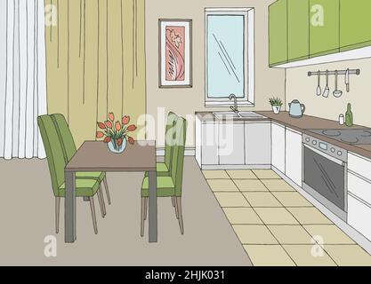 Cuisine chambre graphique couleur intérieur intérieur dessin illustration vecteur Illustration de Vecteur