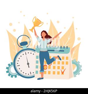 Bonne femme sautant, tenant la coupe dorée près du calendrier et le chronomètre de l'illustration du vecteur.Gestion du temps, productivité personnelle, femme réussie concept dans la conception de glat composition isolée Illustration de Vecteur