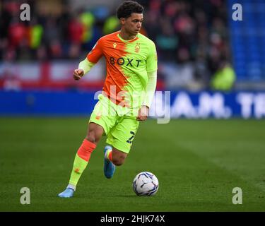 Cardiff, Royaume-Uni.30th janvier 2022.Brennan Johnson #20 de Nottingham Forest en action pendant le match à Cardiff, Royaume-Uni le 1/30/2022.(Photo par Mike Jones/News Images/Sipa USA) crédit: SIPA USA/Alay Live News Banque D'Images