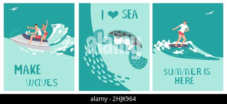 Ensemble de carte postale J'aime la mer dans un style marin Illustration de Vecteur