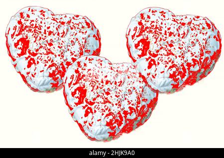 Trois cœurs de pierre blanc rouge sur fond lumineux Banque D'Images