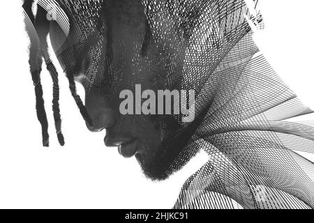 Portrait de profil d'un homme combiné à plusieurs lignes.Double exposition. Banque D'Images