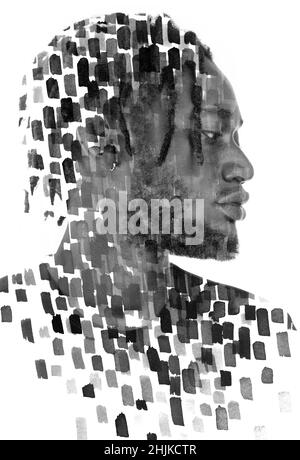 Portrait d'un homme combiné à des traits peints à la main.Peinture. Banque D'Images