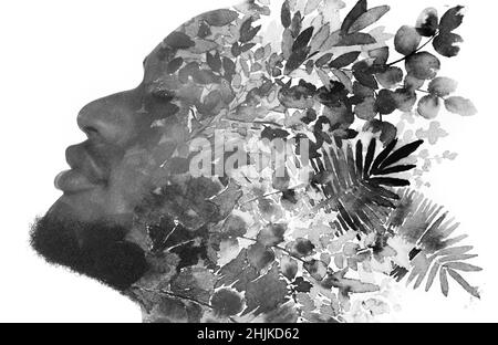 Peinture.Portrait de profil d'un homme combiné à une peinture à l'encre. Banque D'Images