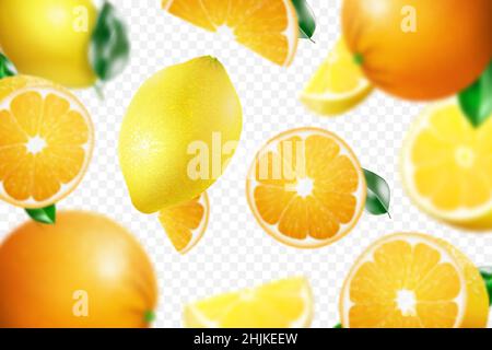 3D fond d'agrumes réaliste avec des oranges et des citrons volants, avec effet de flou.Les fruits à l'orange et au citron sont entiers et coupés en deux, isolés o Illustration de Vecteur