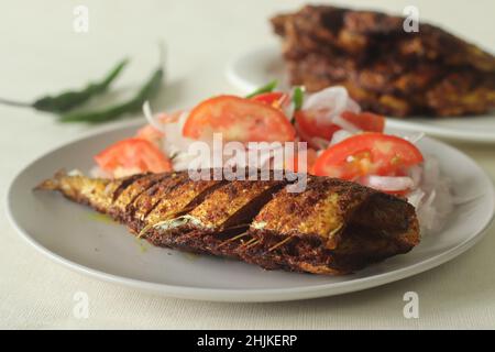 Ayala Meen frite ou maquereau.Poisson frit épicé préparé dans le style indien du Sud.Poisson-maquereau mariné dans une marinade à l'huile et frit peu profond dans de l'oi Banque D'Images