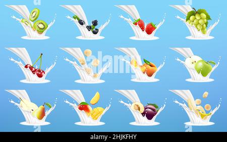 Grande collection de fruits dans la boue de lait.Fraise, banane, pêche, poire, mangue,pomme, kiwi, avocat, cerise douce, cerise,prune, myrtille.Vecteur 3 Illustration de Vecteur
