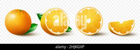 Ensemble de fruits d'orange frais, orange juteuse avec feuilles, moitié, tranche et fruits entiers, isolés sur fond blanc.Illustration réaliste à 3D vecteurs Illustration de Vecteur