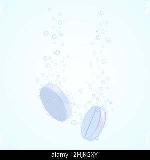 Comprimé avec bulles.Comprimés d'aspirine dissolvant effervescents dans de l'eau gazeuse.Comprimés solubles effervescents.Des pistes de bulles d'eau étincelantes.Réaliste Illustration de Vecteur