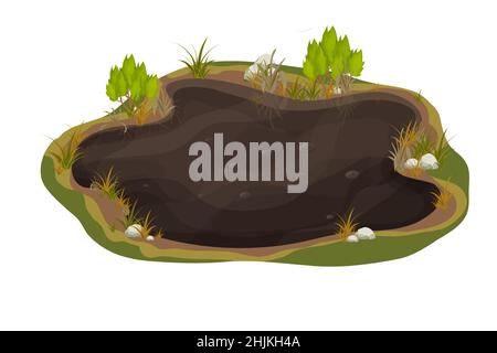 Boue sale, marais avec pierre, herbe de style dessin animé isolée sur fond blanc.Sol humide naturel, étang de la forêt, lac clip art. .Illustration vectorielle Illustration de Vecteur