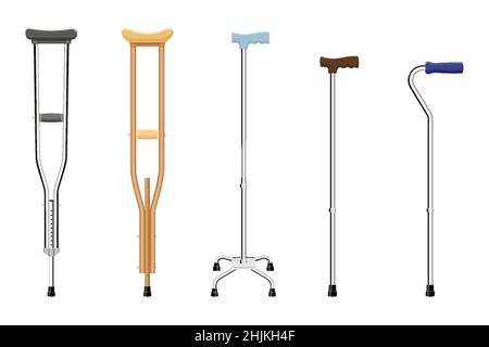 Jeu de bâtons de marche et de béquilles.Cannes métalliques télescopiques, cannes en bois, cannes avec support supplémentaire, béquille télescopique, cannes en bois.Le diable médical Illustration de Vecteur