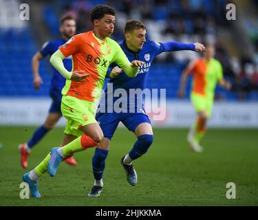 Cardiff, Royaume-Uni.30th janvier 2022.Brennan Johnson #20 de Nottingham Forest prend le Cardiff City Defense à Cardiff, Royaume-Uni le 1/30/2022.(Photo par Mike Jones/News Images/Sipa USA) crédit: SIPA USA/Alay Live News Banque D'Images