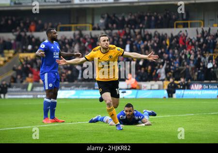 Wolf footballeur Diogo Jota célèbre son but Wolverhampton Wanderers v Leicester City au stade Molineux 19/01/2019 - English Premier League Banque D'Images