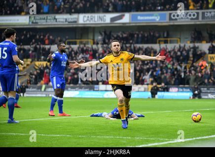 Wolf footballeur Diogo Jota célèbre son but Wolverhampton Wanderers v Leicester City au stade Molineux 19/01/2019 - English Premier League Banque D'Images