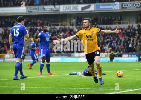 Wolf footballeur Diogo Jota célèbre son but Wolverhampton Wanderers v Leicester City au stade Molineux 19/01/2019 - English Premier League Banque D'Images