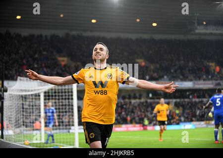 Wolf footballeur Diogo Jota célèbre son but Wolverhampton Wanderers v Leicester City au stade Molineux 19/01/2019 - English Premier League Banque D'Images