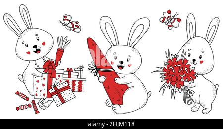 Ensemble mignon de personnages de lapin avec cadeaux.Lapin avec bouquet et carotte, boîtes et bonbons.Illustration vectorielle.Éléments isolés de gribouillages dessinés à la main Illustration de Vecteur