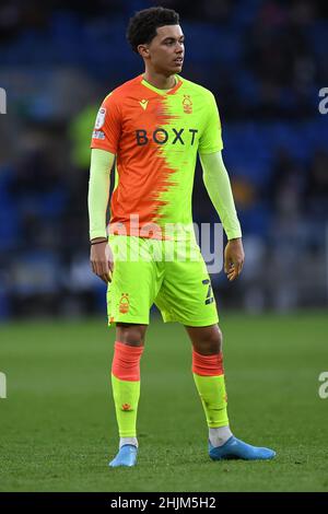 Cardiff, Royaume-Uni.30th janvier 2022.Brennan Johnson #20 de Nottingham Forest pendant le match à Cardiff, Royaume-Uni le 1/30/2022.(Photo par Mike Jones/News Images/Sipa USA) crédit: SIPA USA/Alay Live News Banque D'Images