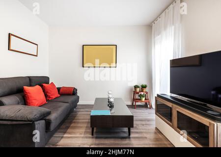 Salon avec canapé en velours noir, coussins rouges, plantes dans un coin, TV à écran plat sur un meuble devant et parquet Banque D'Images