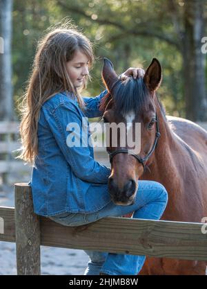 fille de 11 ans adhère à la jument de cheval Banque D'Images