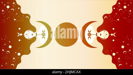 Prêtresse avec cheveux longs, modèle de bannière.Triple Lune, icône sacrée de la déesse des femmes de wiccan.Signe de la Wicca religieuse de Crescent Moon.Symboles de néopaganisme Illustration de Vecteur