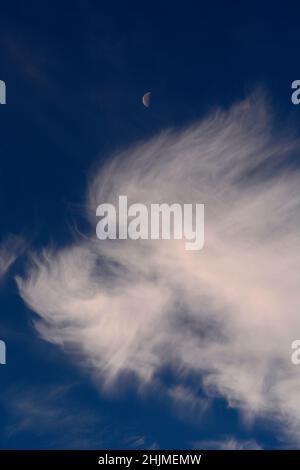 Une lune du dernier quart, parfois appelée demi-lune, partage le ciel avec des nuages cirrus plus sages au-dessus de Santa Fe, Nouveau-Mexique. Banque D'Images