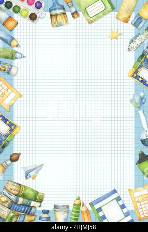 Whimsical retour à l'école, l'étude, l'apprentissage et l'éducation liés bannière verticale, carte avec aquarelle articles de papeterie blocs-notes, fournitures d'art cadre Banque D'Images