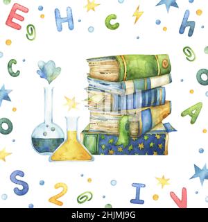 Cadre carré de lettres, de points et d'étoiles avec pile de livres et composition de la verrerie de chimie, retour à l'école, étude, éducation, apprentissage Banque D'Images