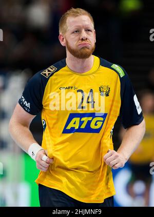 Budapest, Hongrie, 30th janvier 2022.Jim Gottfridsson de Suède réagit lors du match final de l'EHF EURO 2022 entre la Suède et l'Espagne à Budapest, Hongrie.30 janvier 2022.Crédit : Nikola Krstic/Alay Banque D'Images