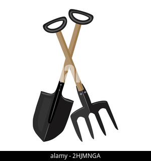 Pelle et fourche isolées sur fond blanc.outil de jardinage et d'agriculture croisé.fourche de jardin et fourche icône.panneau d'atelier d'équipement agricole.vecteur Illustration de Vecteur