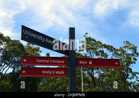 Panneau de rue à l'université Macquarie de Sydney, en Australie Banque D'Images