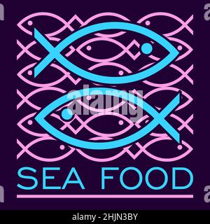 logo abstrait de la nourriture de mer fait de silhouettes de poisson sur fond sombre 1 Illustration de Vecteur