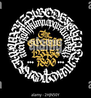 Motif, ornement de style gothique.Vecteur.Police gothique ancienne germanique.Alphabet avec chiffres.Lettres latines médiévales dans un cercle.Calligraphie et le Illustration de Vecteur