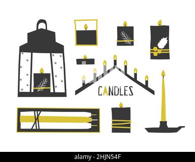 Ensemble d'illustrations de Noël à motif vectoriel plat et isolé.Bougies de cire noire décorées de houx, branches de sapin.Forme minimaliste simplifiée.Colonne Illustration de Vecteur