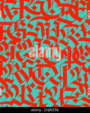 Motif, ornement de style gothique.Vecteur.Alphabet médiéval.Lettres rouges tendance sur fond turquoise.Calligraphie et lettrage.La médiévale Illustration de Vecteur