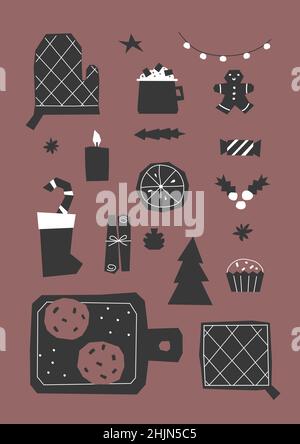 Carte cadeau Vector avec plat pour Noël et dîner du nouvel an.La table est décorée de mugs avec du cacao, des biscuits au pain d'épice, des muffins, une étoile anisée Illustration de Vecteur