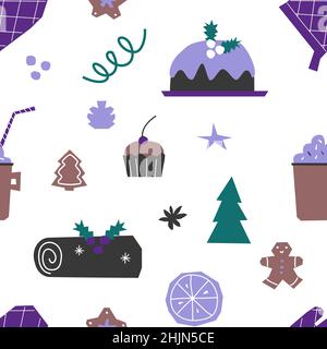 Motif vectoriel sans coutures avec éléments plats pour Noël et dîner du nouvel an.Yule log, tasse de cacao, biscuits de pain d'épice sont des aliments traditionnels en hiver Illustration de Vecteur