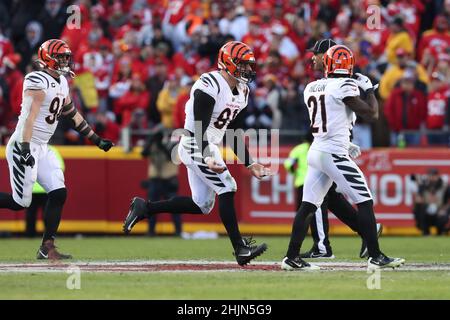 Kansas City, Kansas, États-Unis.30th janvier 2022.KANSAS CITY, Mo - JANVIER 30: Cincinnati Bengals défensive End Trey Hendrickson (91) célèbre un sac dans le quatrième quart du championnat de l'AFC entre les Cincinnati Bengals et Kansas City Chiefs crédit: Action plus Sports/Alay Live News Banque D'Images