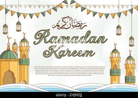 Ramadan Kareem affiche de bannière illustration dessinée à la main avec l'ornement islamique Illustration de Vecteur