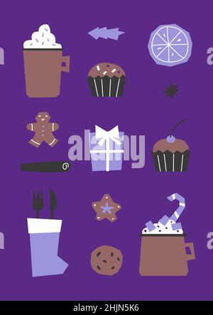 Carte cadeau Vector avec éléments plats pour Noël et dîner du nouvel an. Servir avec des mugs de cacao, des cupcakes, des bonbons et un bâton de cannelle Illustration de Vecteur