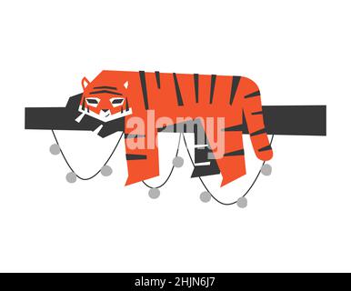 Concept plat à isolation vectorielle pour la décoration de Noël.Symbole du nouvel an chinois 2022 - année du tigre.Le tigre de Sibérie peut accueillir des personnes décorées dans des branches Illustration de Vecteur