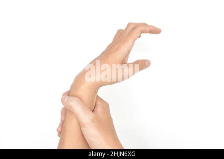 La contraction de Volkmann dans le membre supérieur du jeune homme asiatique.C'est un raccourcissement permanent des muscles de l'avant-bras qui donne lieu à une posture de type clawlike du Banque D'Images