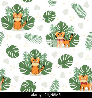 Motif avec des petits tigres sur un fond de feuilles tropicales, illustration vectorielle de couleur sur un fond blanc. Illustration de Vecteur