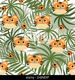 Motif avec des petits tigres sur un fond de feuilles tropicales, illustration vectorielle de couleur sur un fond blanc. Illustration de Vecteur