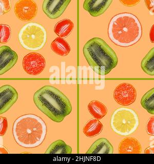 Motif sans couture divisé en carrés avec des tranches d'orange, de citron, de kiwi et de pamplemousse sur fond orange Banque D'Images